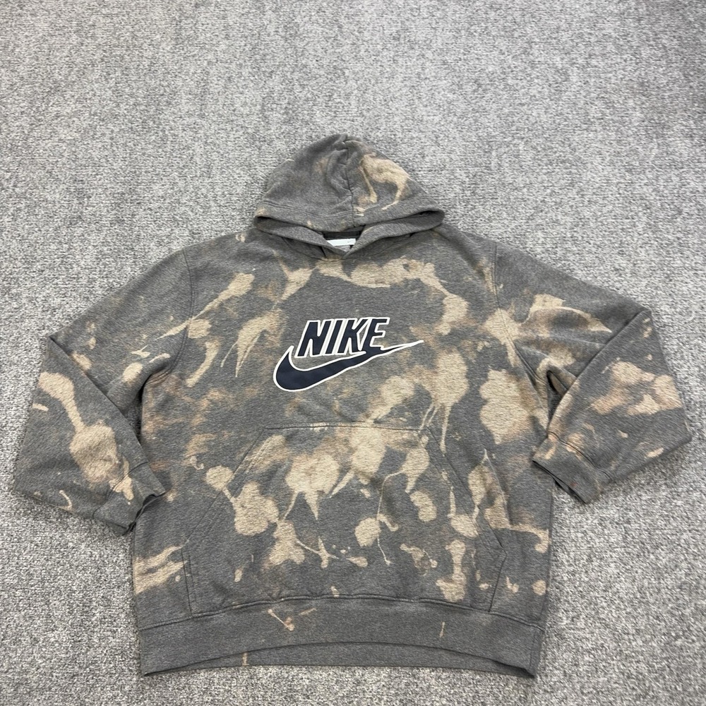 VTG Nike Hoodie Mens XL Gray Bleach Dye Fleece Pullover Sweatshirt Graphic Logo